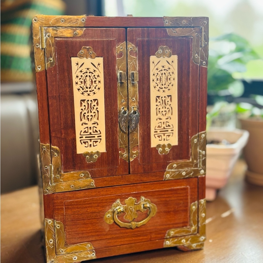 Ornate Wooden Jewelry Box with Brass Details